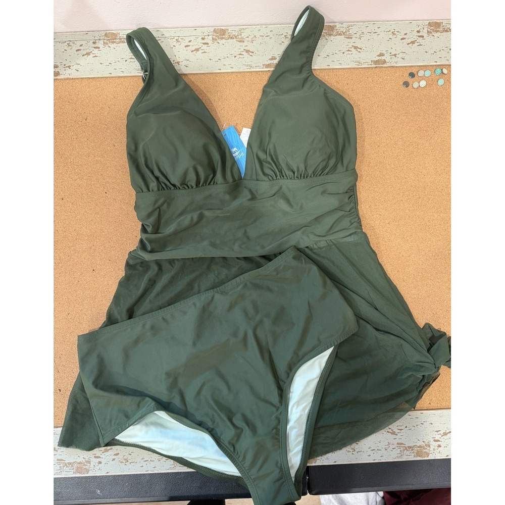 CUPSHE V-Neck Tankini 2Pc‎ Swimsuit Olive Green Women's Size 14 36DD NWT